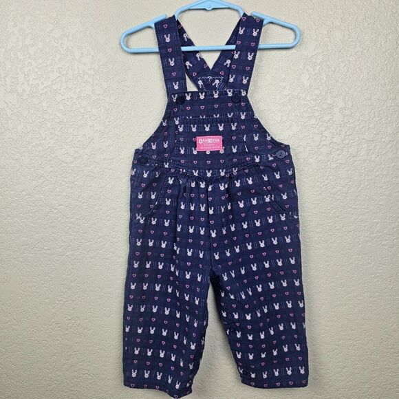 OshKosh B'gosh Girl 18 Months Vestbak Denim Overalls Bunny Rabbit Hearts Vintage - Picture 12 of 13